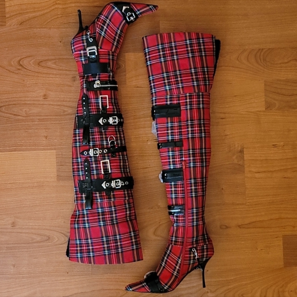 JEFFREY CAMPBELL Gadget Over the Knee Red Plaid Pointed Toe Boot Size 10